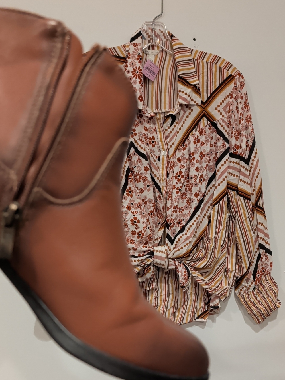 Cato Mixed-Print Button Front Blouse in Cream, Pink & Gold